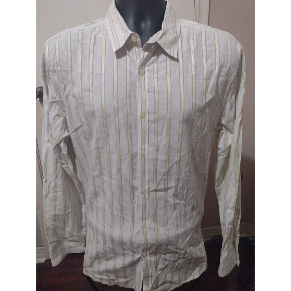 Paul Smith Men's White Green Striped 100% Cotton Casual Button Down Shirt 2XL